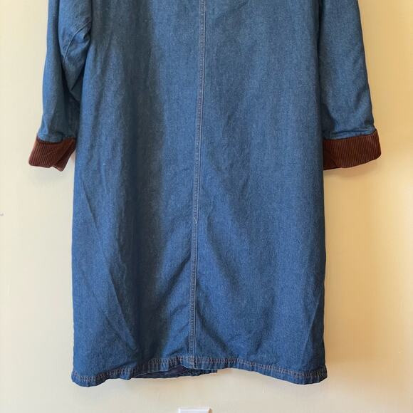 70s Vintage XXL long sleeve trench coat blue denim corduroy brown button down - Picture 7 of 7